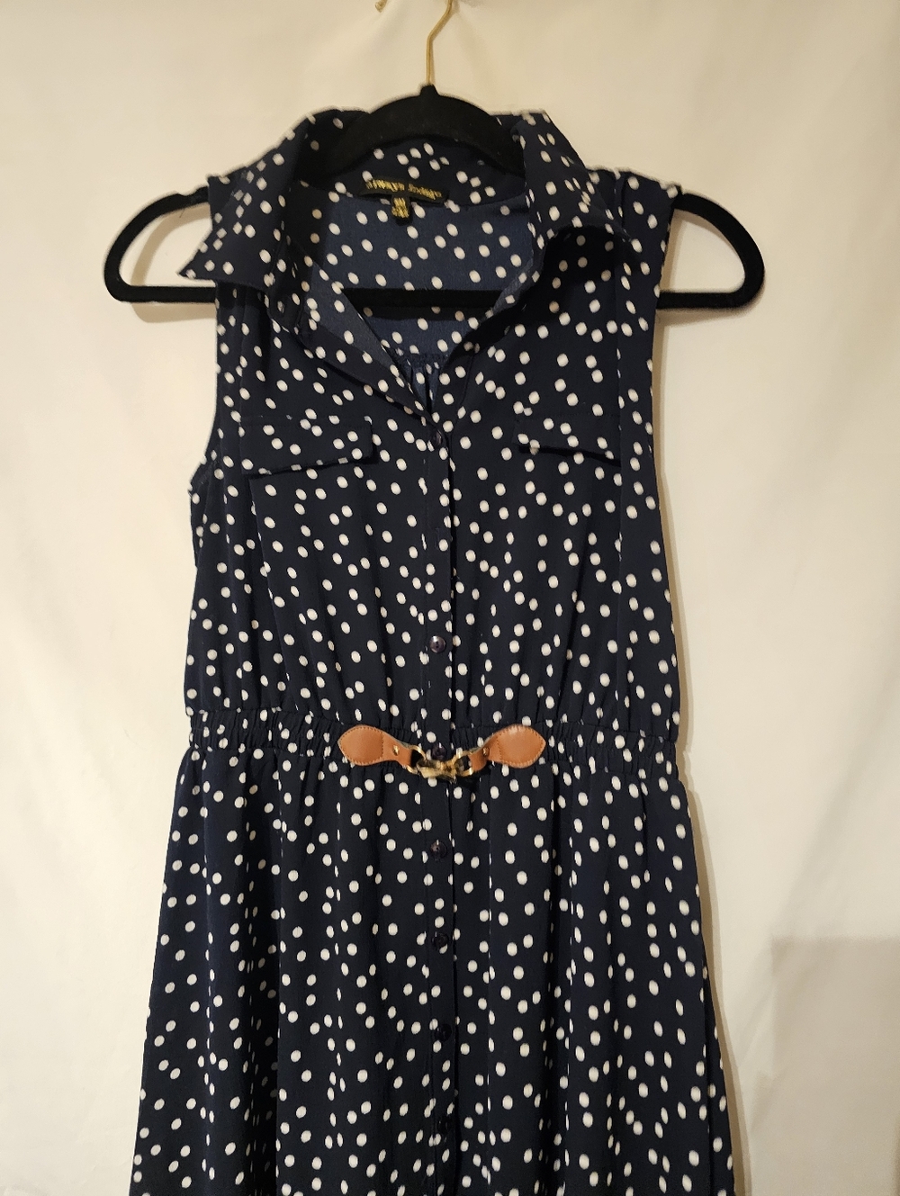 Navy Polka Dot Sleeveless Shirt Dress with Belt Always Indigo Med